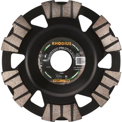 A cutting disc for angle grinder with 'RHODIUS' labelling, 125 mm diameter, suitable for high speeds.
