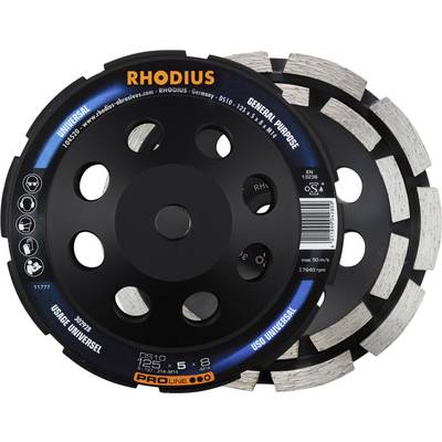 Two black diamond cutting discs with silver segments by Rhodius, labelled for universal use with 125 mm diameter.
