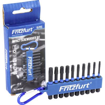 'Fritzfurt Impact Screwdriver Bit set with 10 pieces and a blue carabiner, showing various bit types with packaging.'