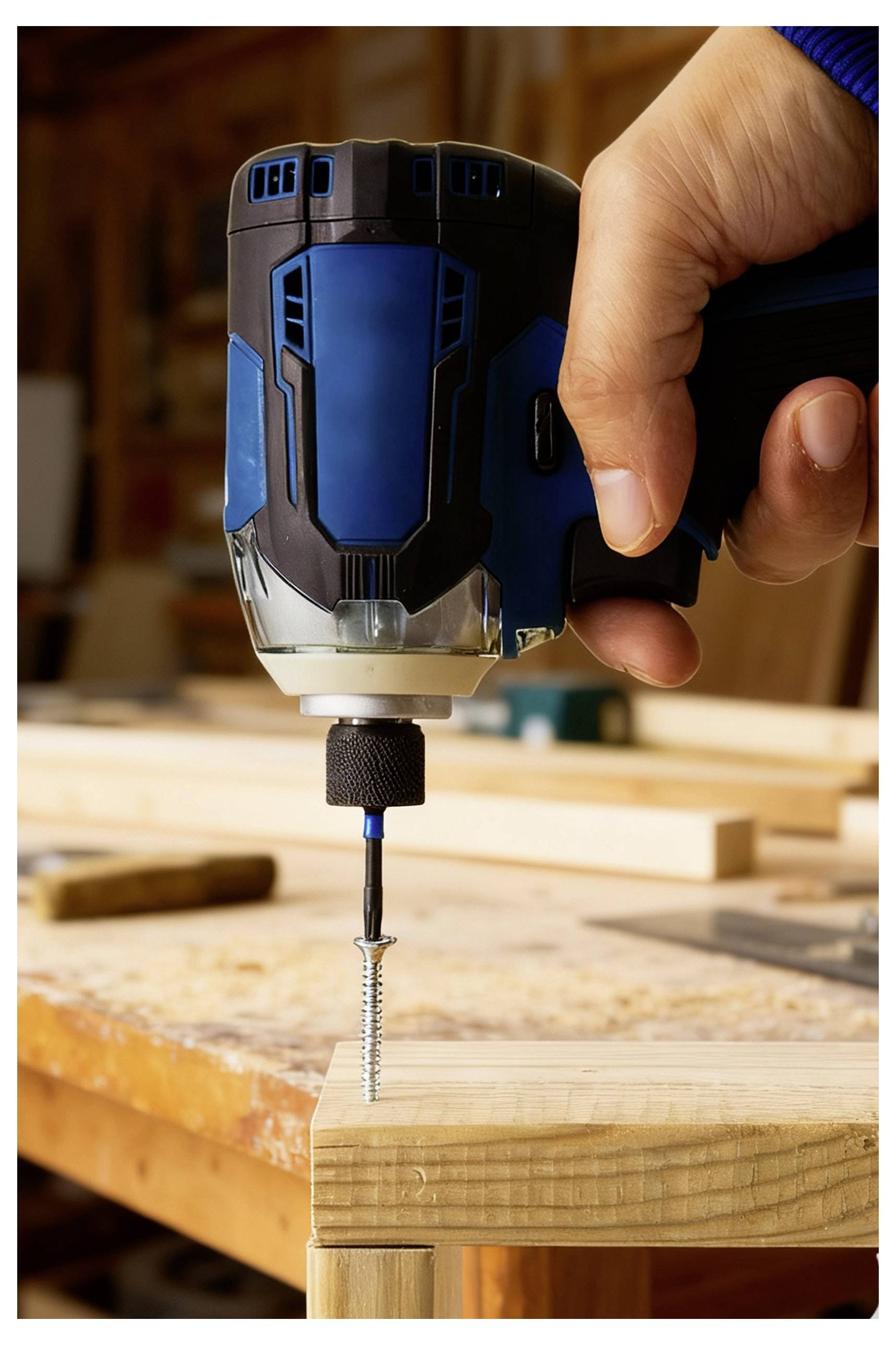 A hand uses a blue and black electric screwdriver to drive a screw into a wooden plank on a workbench in a workshop setting.