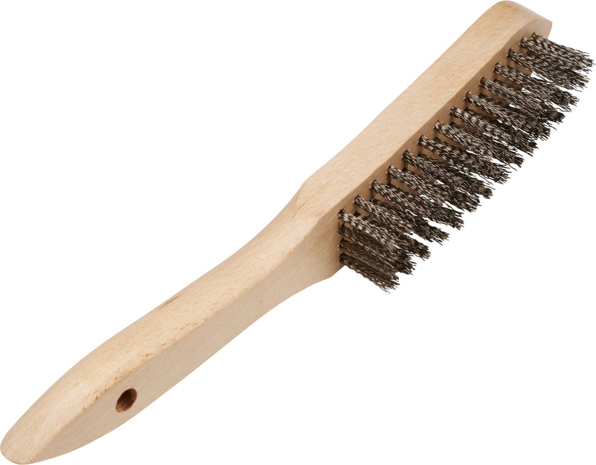 A wire brush with a wooden handle, suitable for cleaning metal surfaces and removing rust.