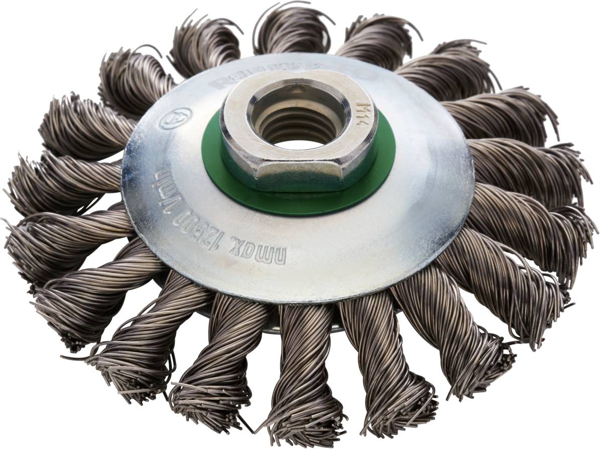 Steel wire brush disc with twisted wire bristles for angle grinders, suitable for cleaning and removing rust from metal surfaces.