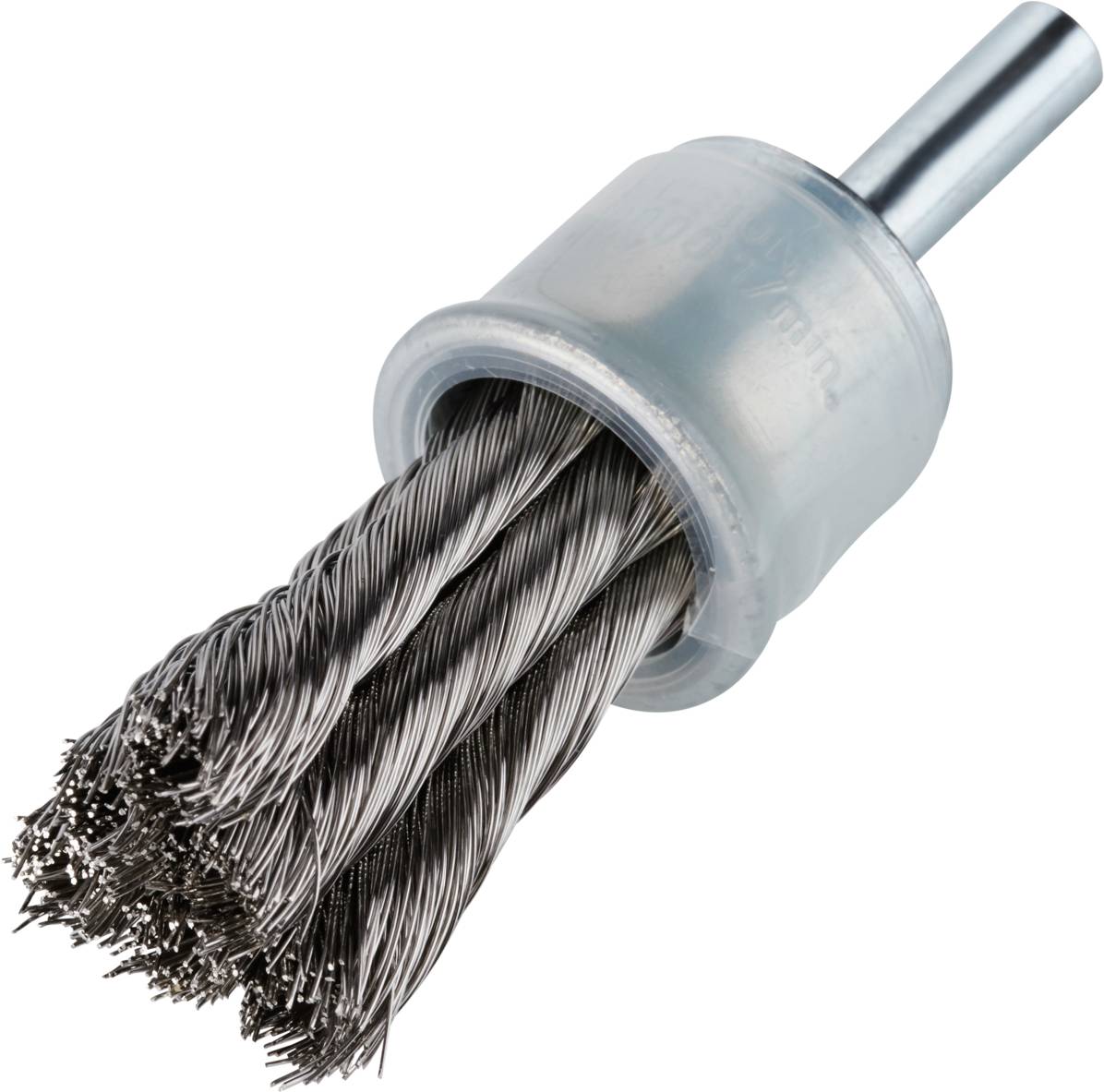 A wire brush with metal bristles and a plastic handle for attachment to a drill, suitable for cleaning surfaces.