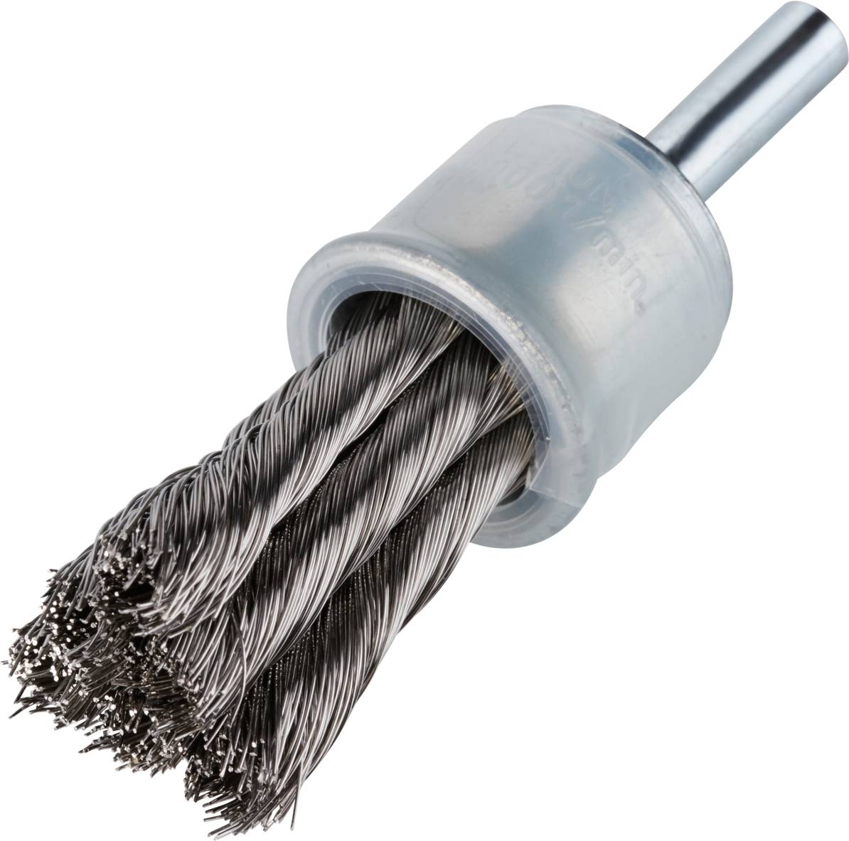 Metal wire brush with drill attachment, suitable for cleaning and removing rust or paint from metal surfaces.