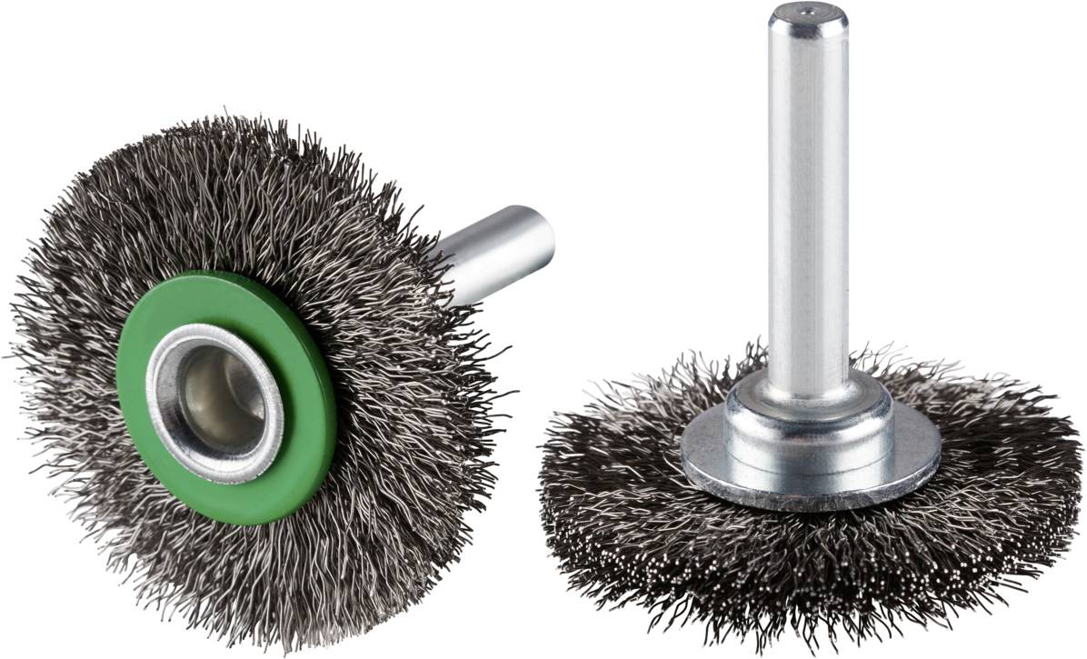 Two wire brushes with radial bristles and metal shaft, suitable for drill machines for cleaning or deburring surfaces.