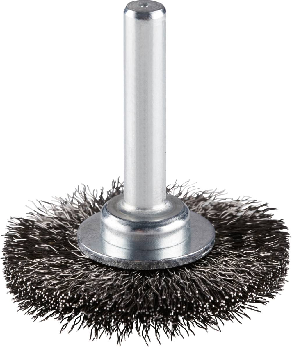 A round wire brush with a metal handle, suitable for cleaning and polishing work in metalworking.