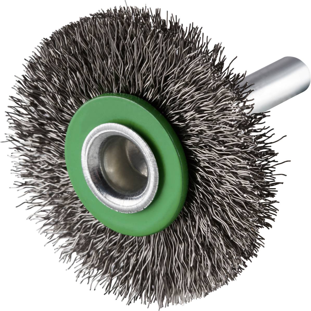 Round wire brush with long metal handle and green centre, used for polishing or cleaning purposes.