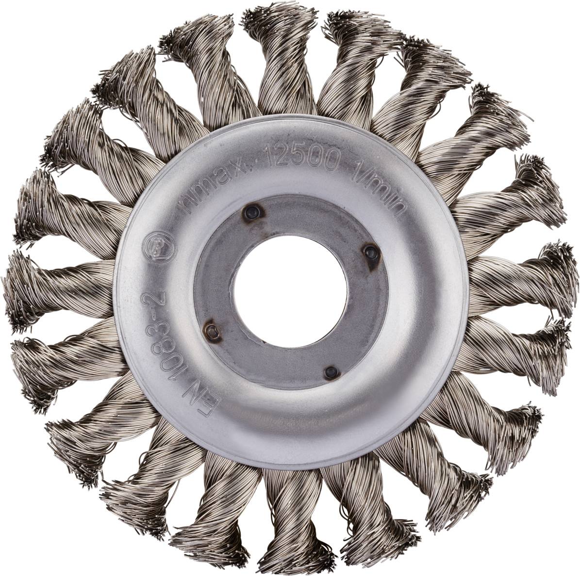 Round wire brush with twisted wire bristles and metal mounting. Suitable for demanding cleaning work on metal surfaces.