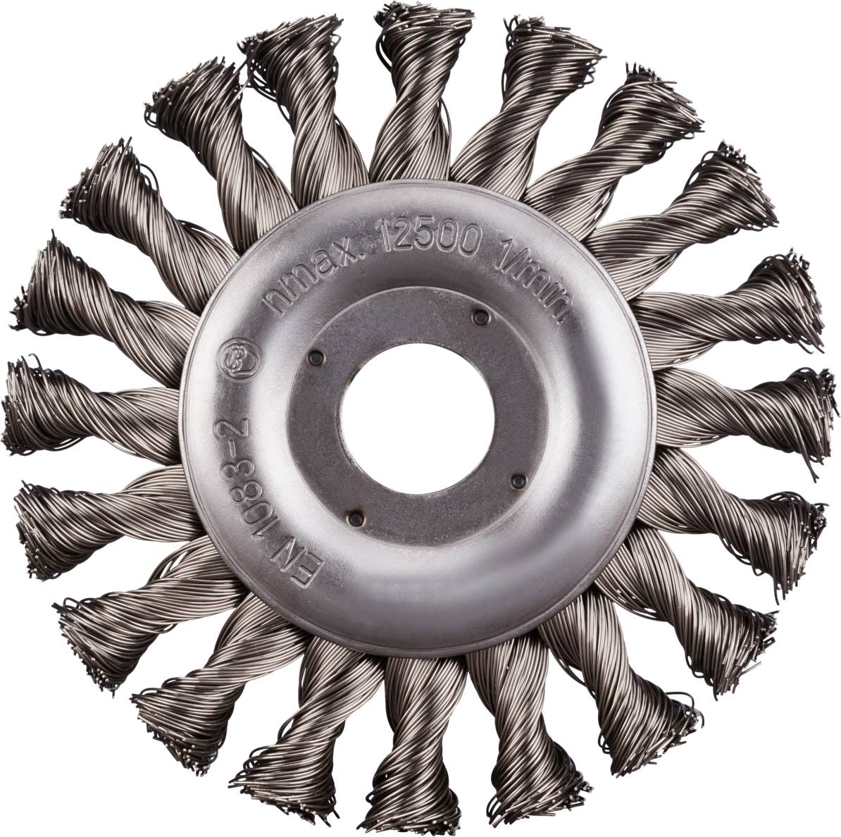 Metal wire brush disc with twisted bristles, suitable for surface cleaning, max. speed: 12,500 rpm.