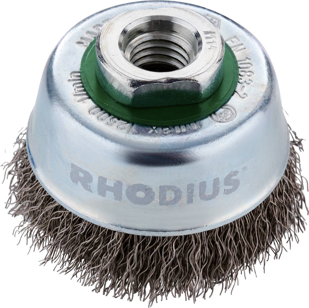 Wire brush head with metal thread, brand imprint 'RHODIUS'. Used for grinding work on metal surfaces.