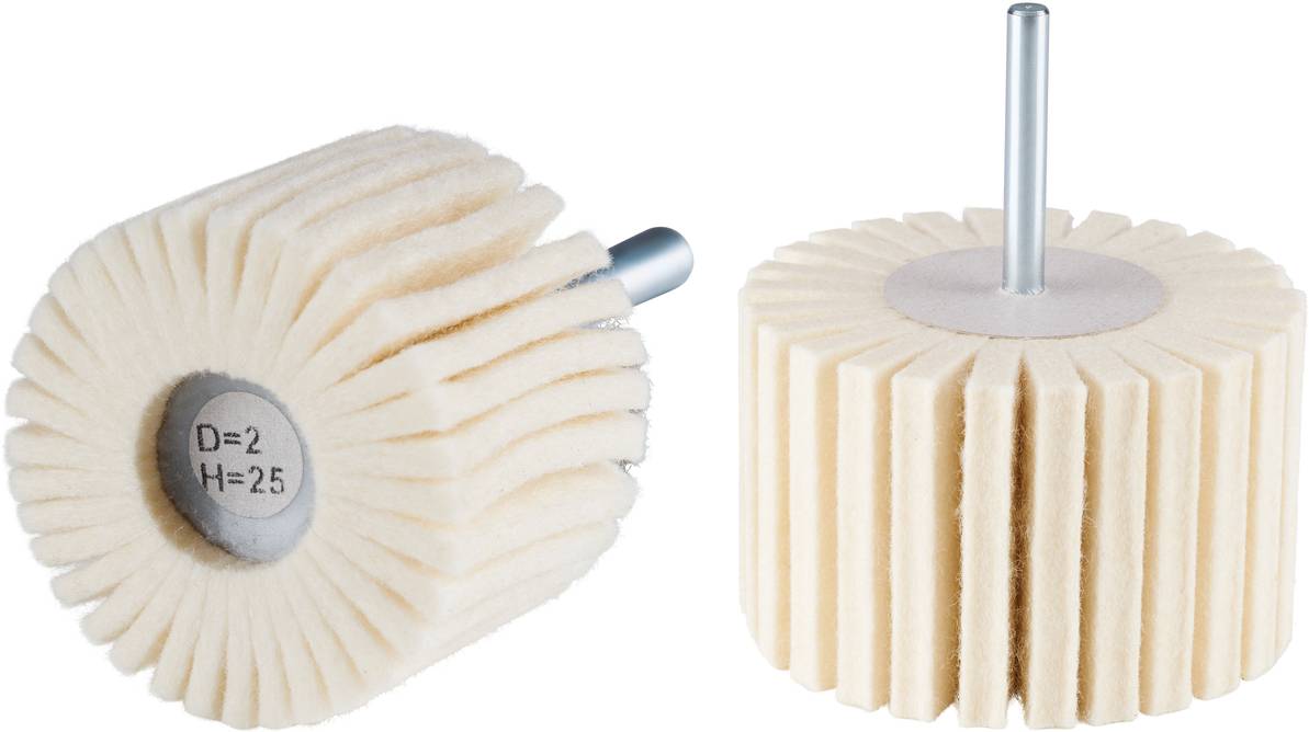 Two white felt polishing attachments with metal pins, one showing the front side with the dimensions 'D=2 H=2.5', the other the reverse side.