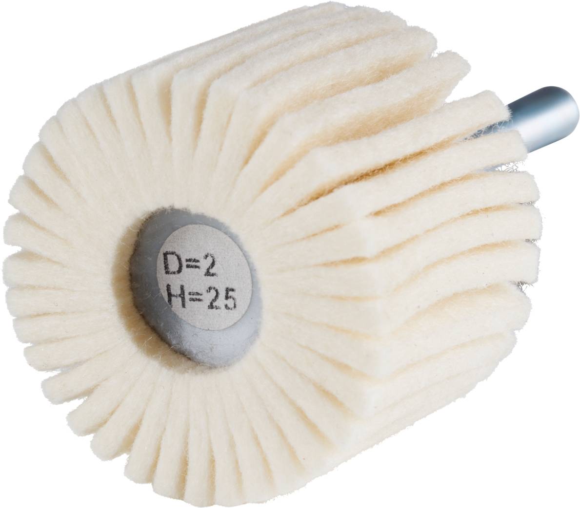 Polishing disc with felt lamellae, mounted on metal shaft. Marking in the centre: 'D=2 H=2.5'.