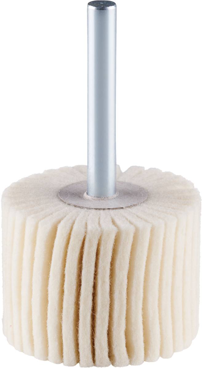 Polishing felt attachment with metal pin. Used for polishing surfaces in hand or bench drills.