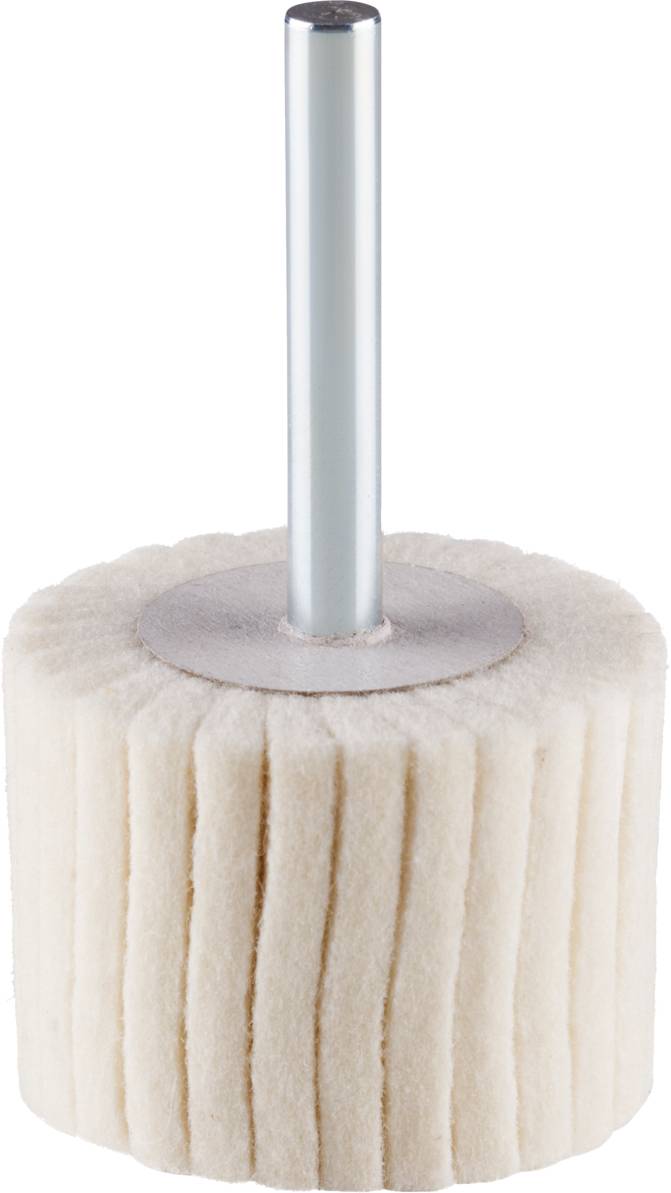 Polishing brush with light felt, cylindrical shape, metal rod as handle. Suitable for polishing or grinding surfaces.