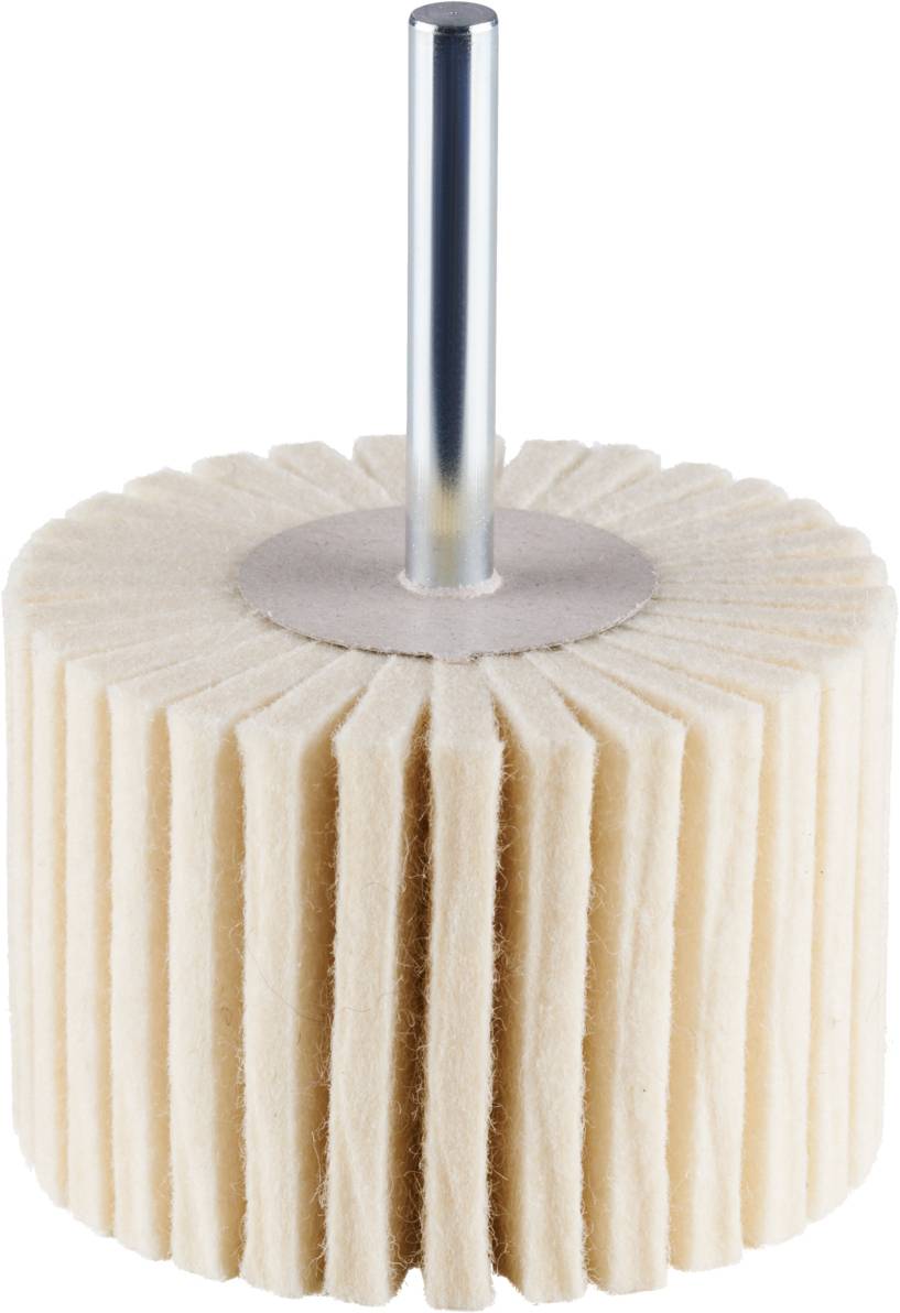 A cylindrical felt polisher with a metal shaft. Used for surface polishing and removing scratches.