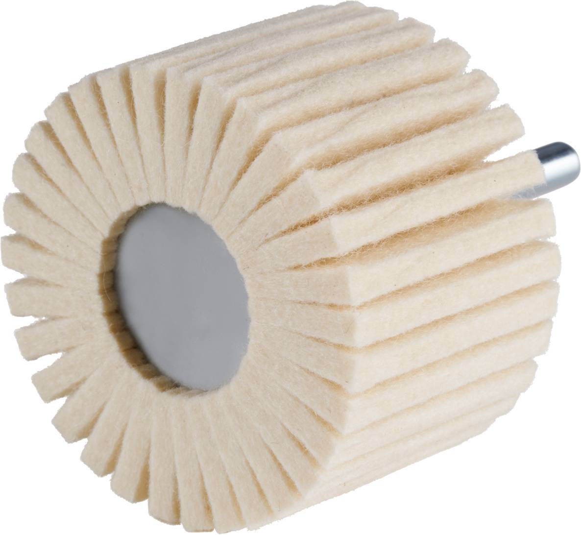 Grinding attachment with a grey core and beige, pleated felt material, cylindrical in shape, with a metal piece mounted on the side.