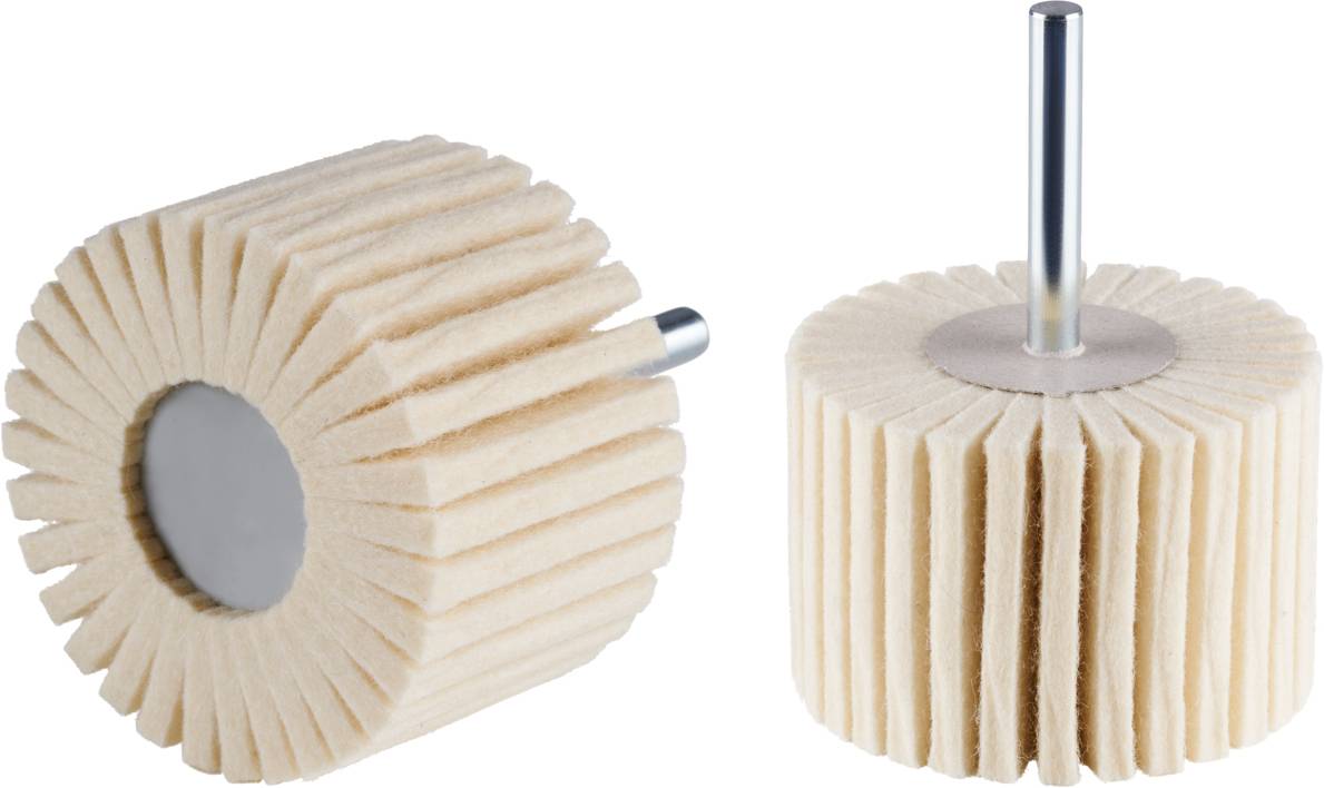 Two cylindrical felt polishing attachments with metal pins. Ideal for polishing work in hard-to-reach areas.
