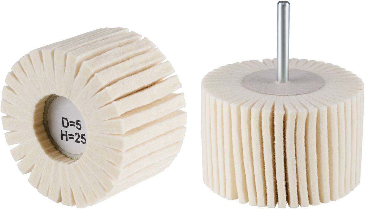 Two grinding wheels with white felt surface and metal rod, suitable for use in polishing and grinding machines.