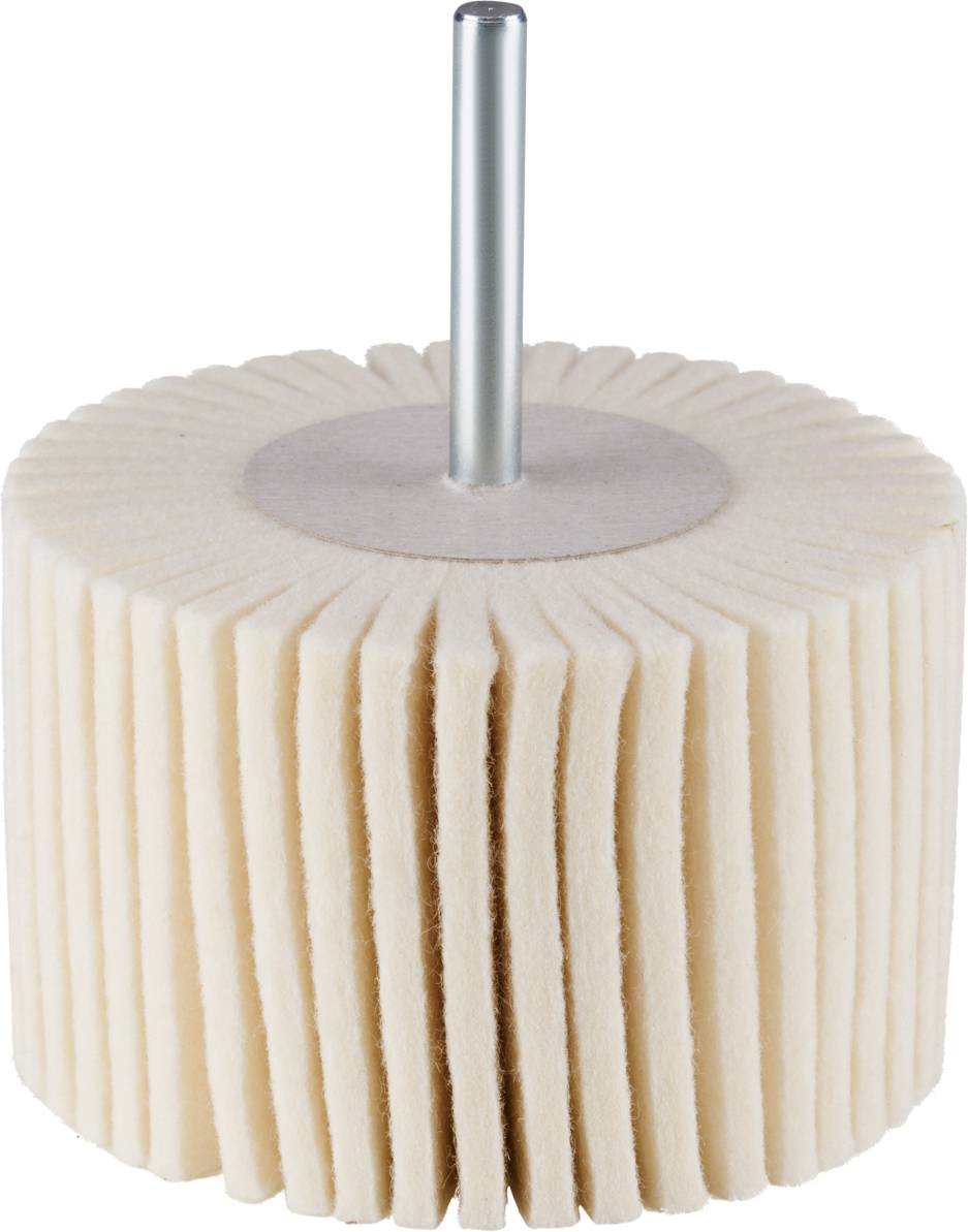 Polishing felt disc with lamellae and shaft, cylindrical in shape. Used for polishing metal surfaces in hand-operated tools.