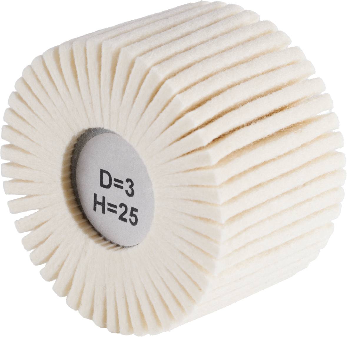 A cylindrical polishing tool made of a grooved, light-coloured material. 'D=3' and 'H=25' are printed on the end face.