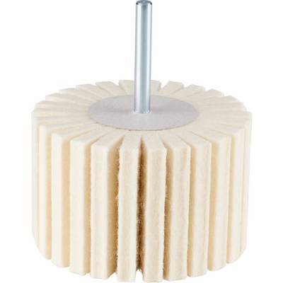 Polishing disc with felt lamellas and a metal pin in the centre, used for grinding and polishing surfaces.