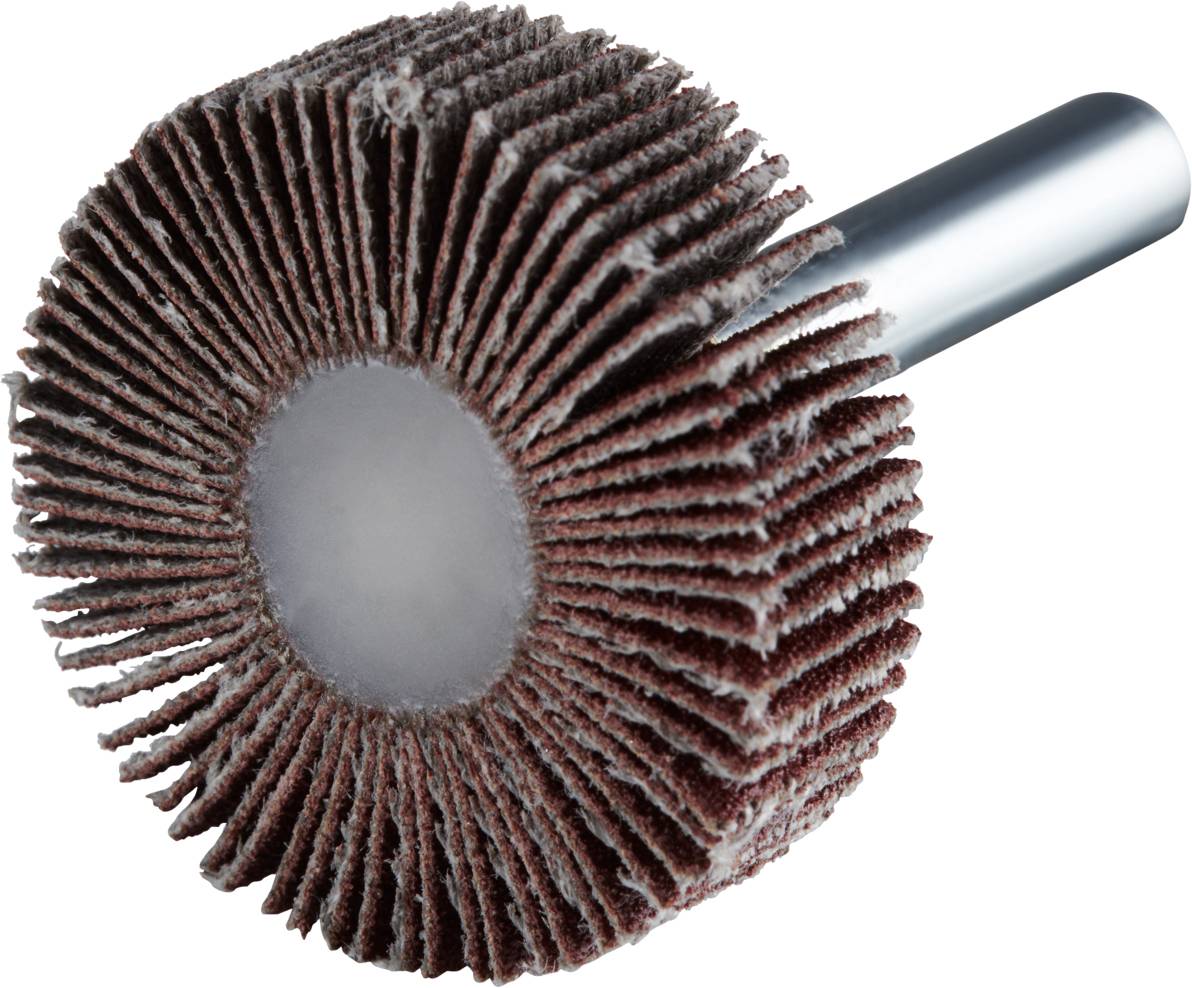 A circular grinding wheel with multiple segments on a metal rod, used for polishing or grinding surfaces.