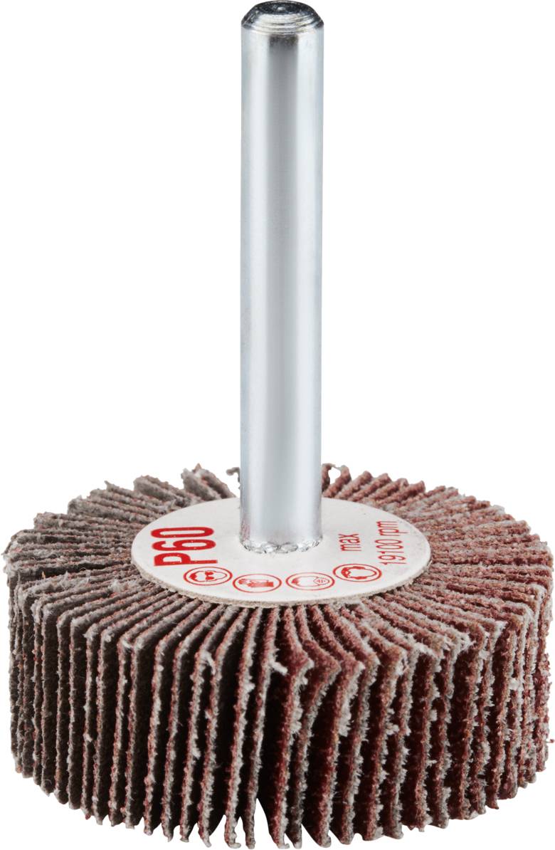 A grinding wheel with vertical lamellas and a metal shaft, suitable for fine work on surfaces.