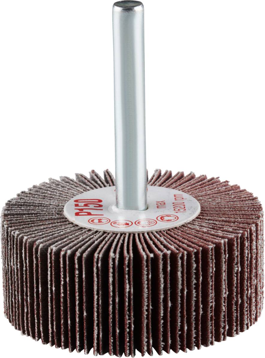 Sanding attachment with a circular, fan-shaped surface made of sandpaper and a metal rod. Suitable for precise surface finishing.