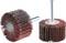 Two grinding tools with abrasive flaps and a metallic shaft for drill machine attachments, in vertical and horizontal positions.
