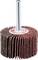 Grinding wheel with red grinding lamellae and a metal rod in the centre. Used for smoothing surfaces in craftwork.