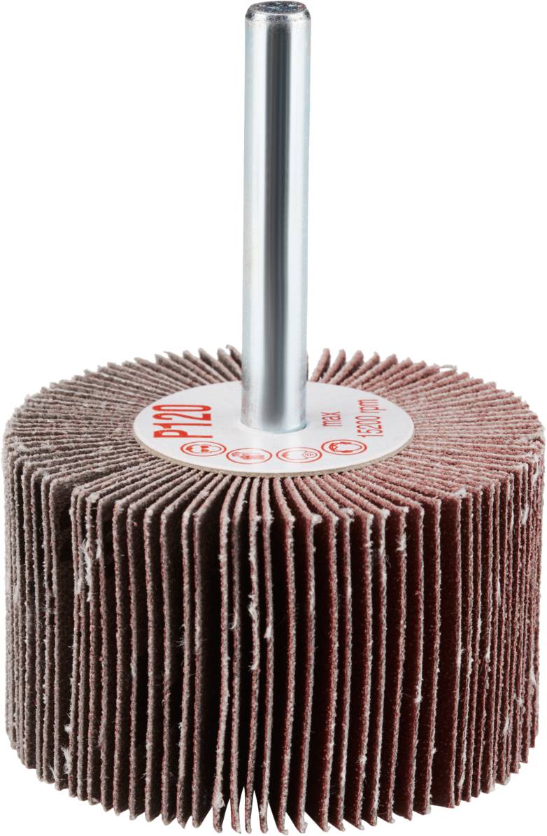 Image of a round grinding mop with a metal shaft. The grinding mop has numerous folded lamellas used for grinding.