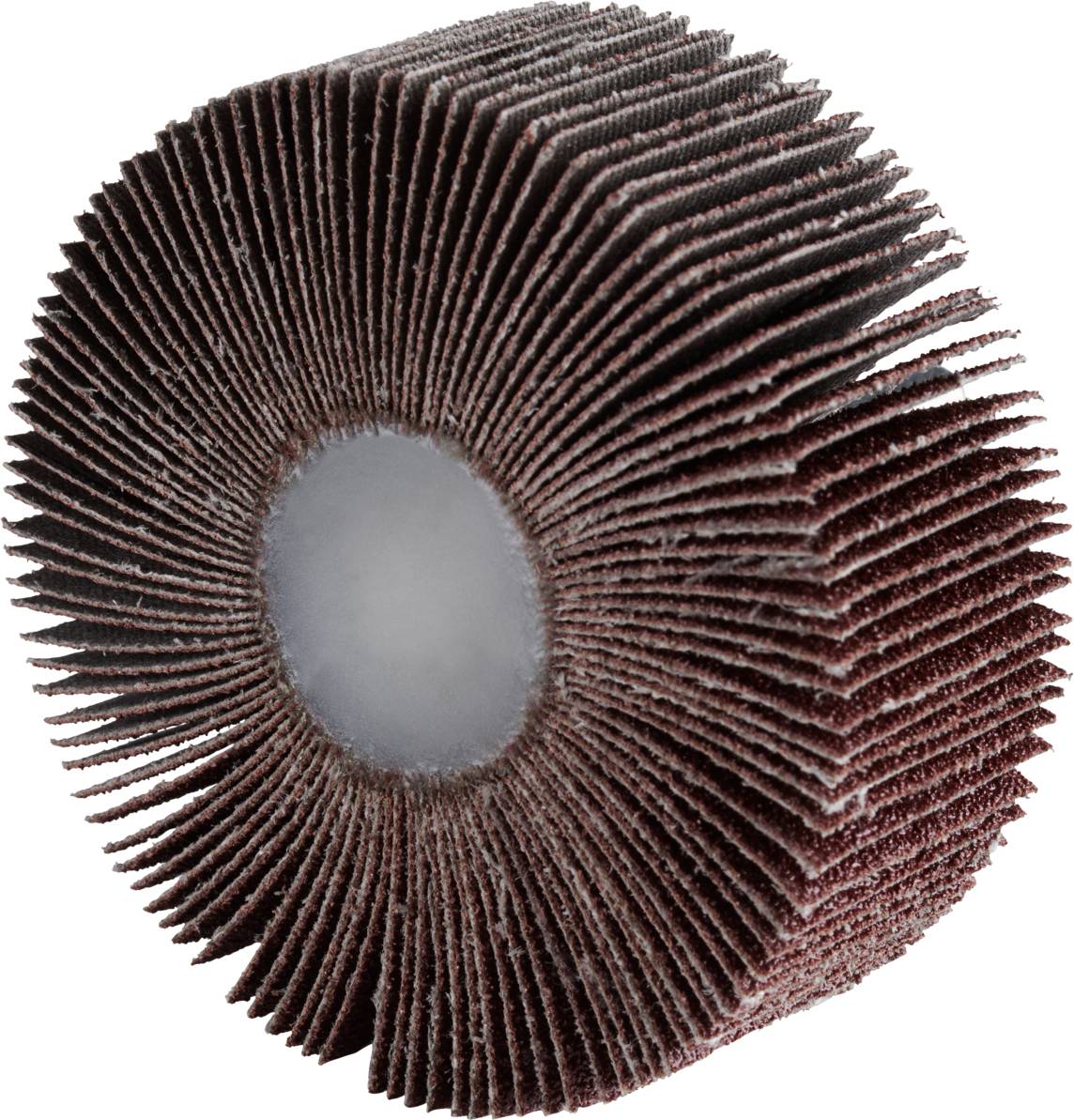 Brown flap disc wheel in side view, showing the fan-like arrangement of the flap discs around a central hole.