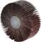 Brown flap disc wheel in side view, showing the fan-like arrangement of the flap discs around a central hole.