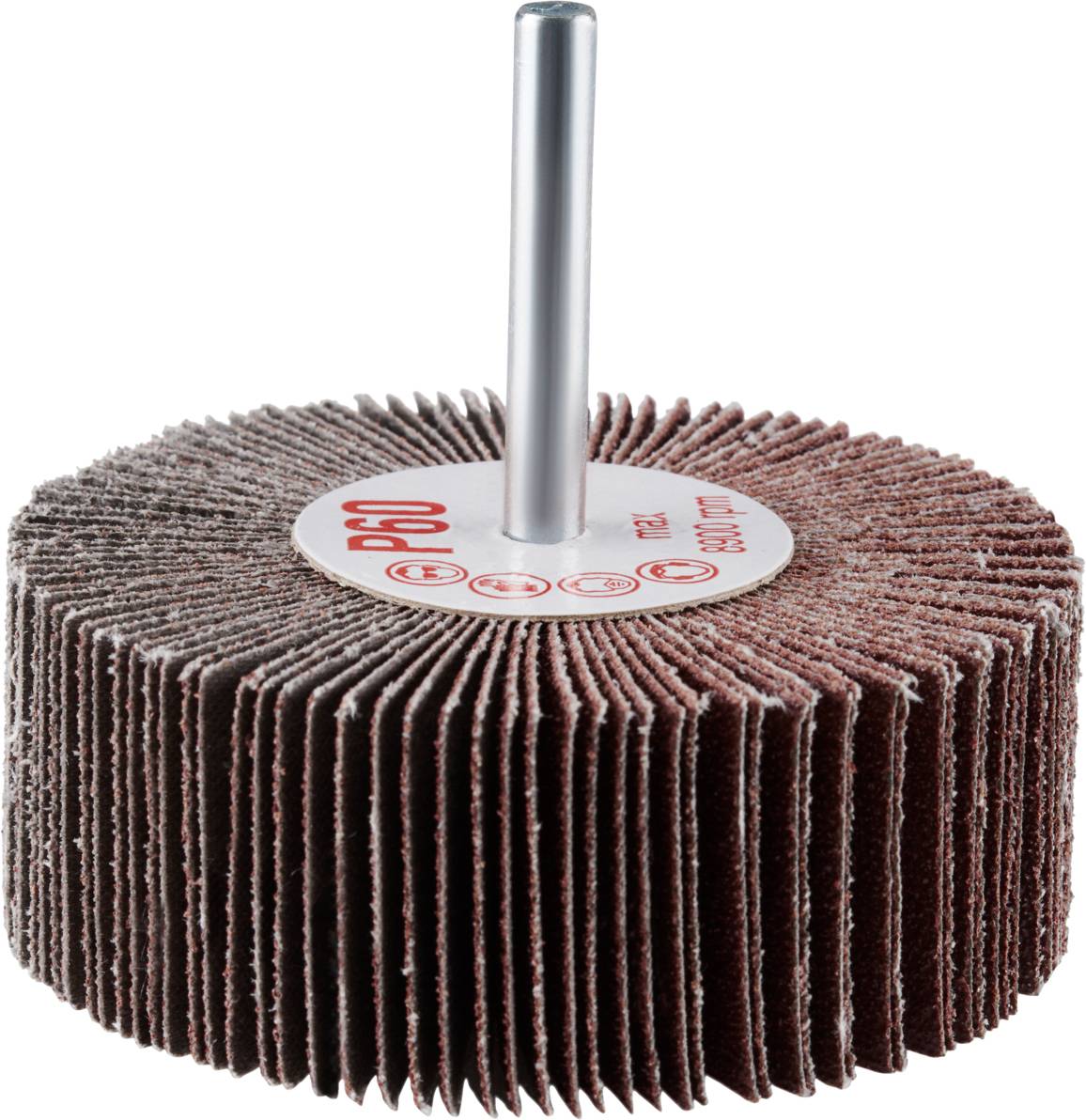 Sanding mop with multiple laminations and metal pin. Labelled 'P60'. Used for sanding work in hand-operated tools.