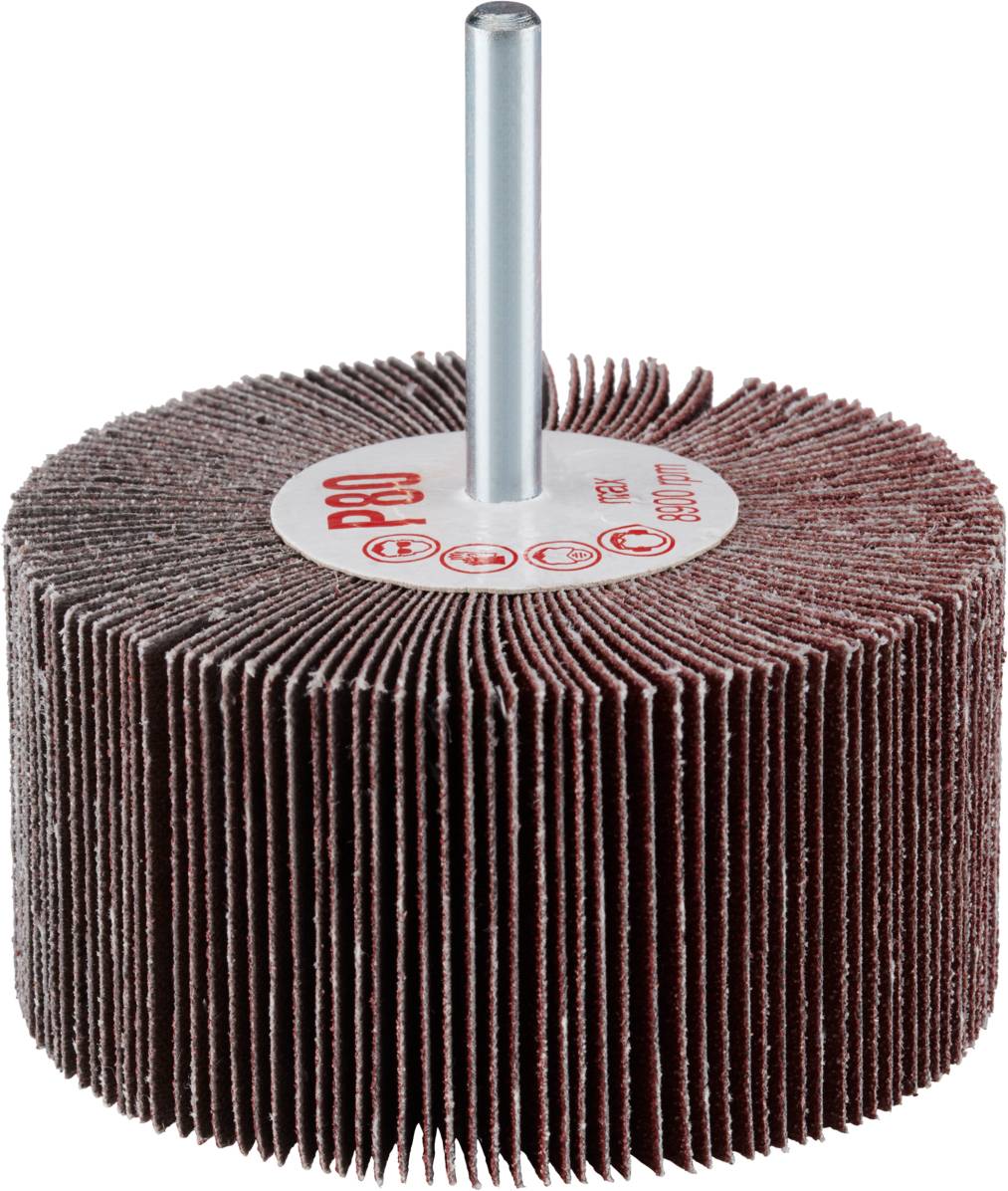 Sanding mop with P80 grit, cylindrical shape, central metal pin for drill machines, suitable for grinding work on wood and metal.