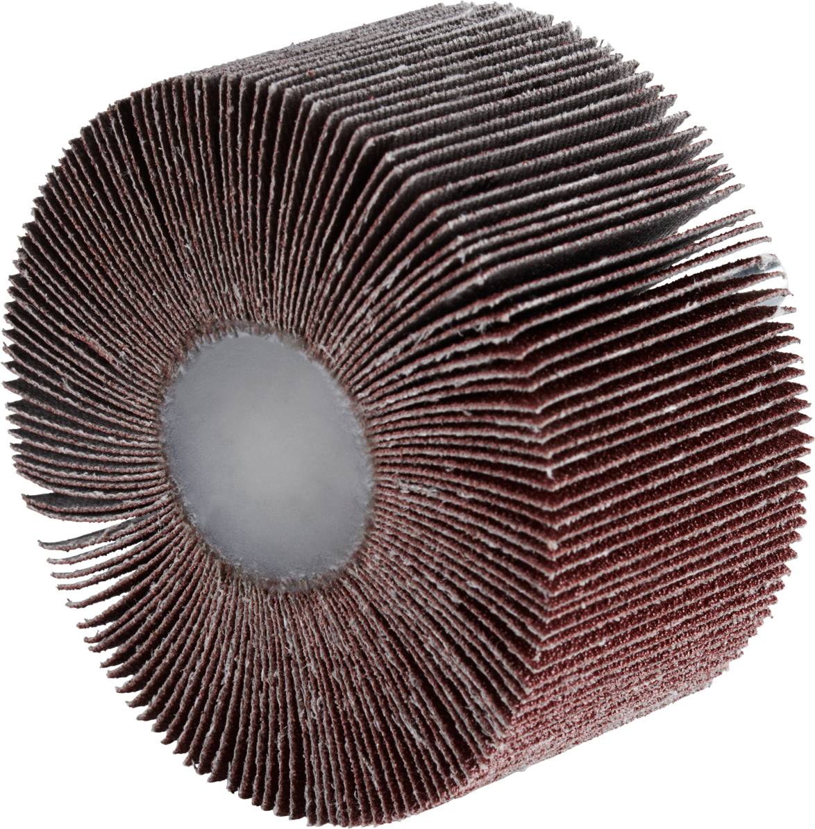 A russet-brown grinding roller with numerous thin lamellae arranged radially from the centre.