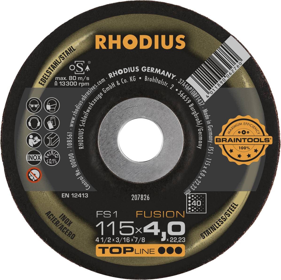 Rhodius cutting disc, model FS1 Fusion. Diameter 115 mm, thickness 4.0 mm. Suitable for stainless steel, max. 13,300 rpm.