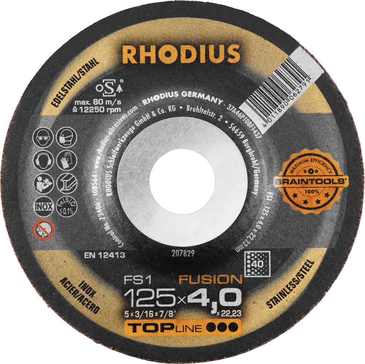 'RHODIUS cutting disc for steel and stainless steel, 125 mm diameter. Maximum speed 80 m/s. Suitable for stainless steel applications.'