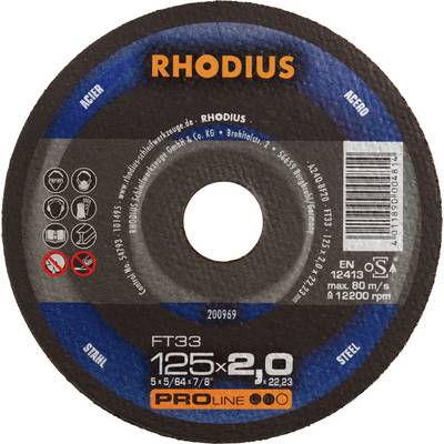 'Rhodius cutting disc, FT33, steel, 125x2.0 mm, 80 m/s, max 12,200 rpm. Contains safety symbols and manufacturing information.'