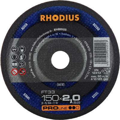 Grinding disc with 'RHODIUS' inscription, suitable for steel, diameter 150 mm, thickness 2.0 mm, maximum speed 80 m/s.