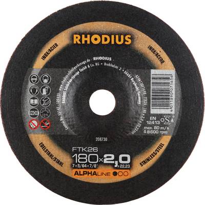 Grinding disc with the brand logo 'RHODIUS', diameter 180 mm, thickness 2 mm, suitable for stainless steel, with safety instructions.