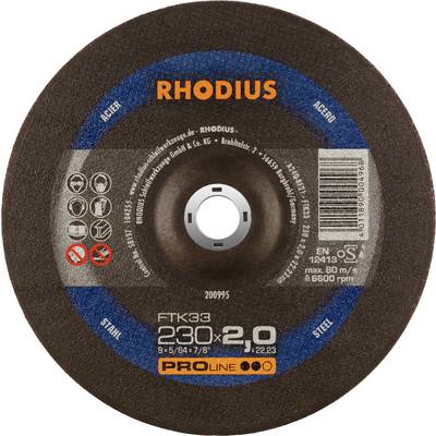 'RHODIUS cutting disc, Proline 230x2.0mm, for steel and stainless steel, max. 80m/s, 6600 rpm. EN 12413 Standard, various safety symbols.'
