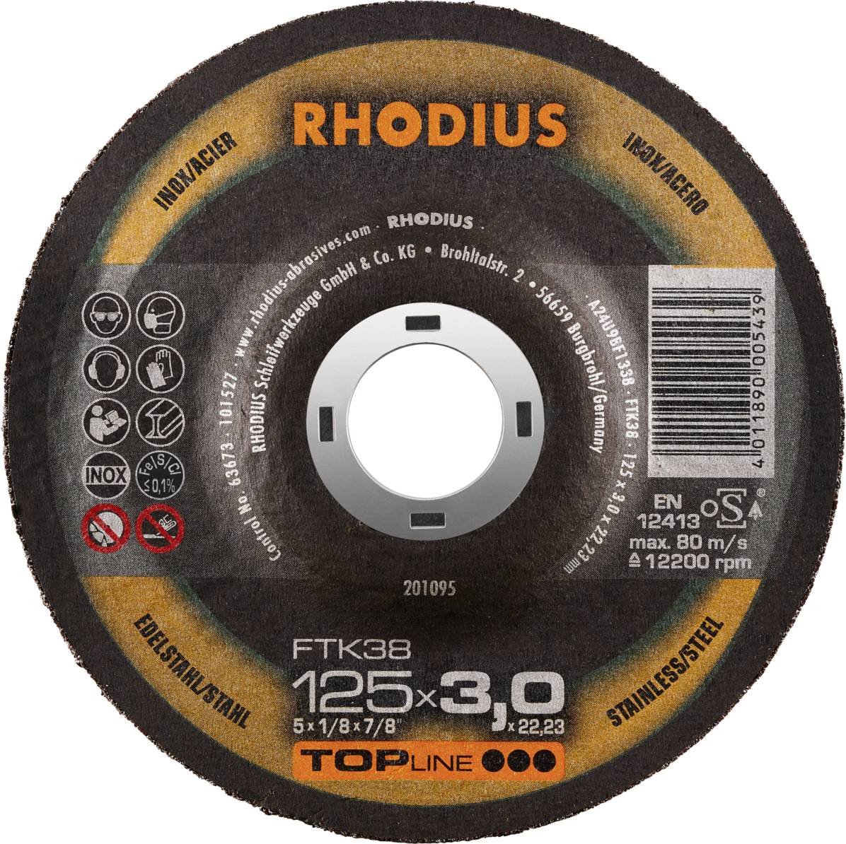 Grinding disc, brand Rhodius, diameter 125 mm, thickness 3.0 mm, suitable for stainless steel, product code FTK38, EN 12413 certified.