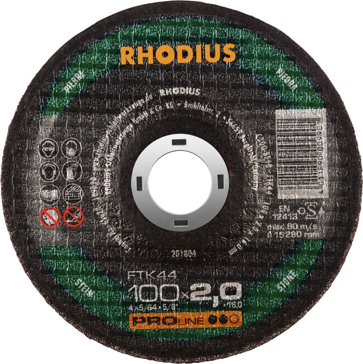 A grinding disc with the inscription 'Rhodius' and 'Proline'. The disc has a diameter of 100 mm and a thickness of 2.0 mm.