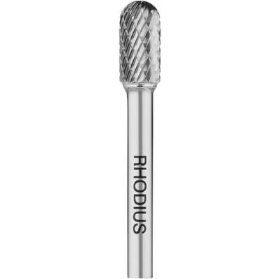 Metal milling cutter with a diamond-shaped texture at the tip, suitable for precise grinding or cutting. 'RHODIUS' marking on the shaft.