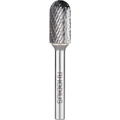 Silver milling cutter with grooves and a cylindrical head, engraved with 'RHODIUS'. Used for precision metalworking.