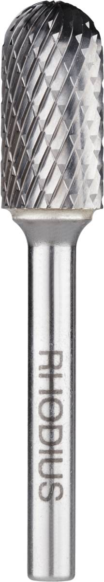 Metal milling cutter with cylindrical head and cross-fluted design, suitable for metalworking. The shank is labelled with 'RHODIUS'.