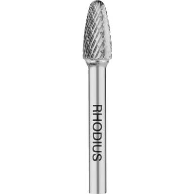 Milling tool with a silver, cylindrical body and a conical tip. 'RHODIUS' is printed on the shaft.