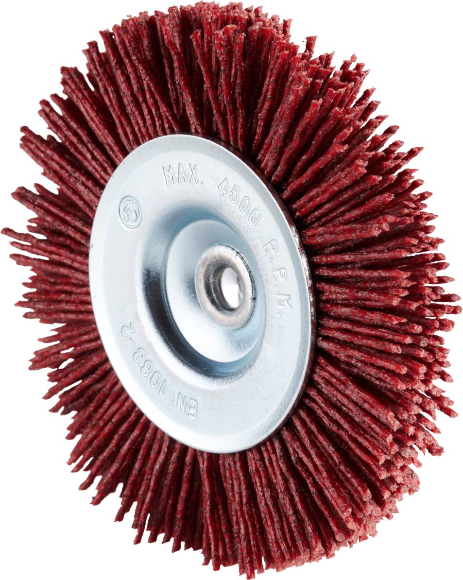 A wire brush attachment with red edging and silver mounting, suitable for cleaning and polishing at up to 4,500 rpm.