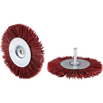 Two red grinding discs with metal hubs. One lies flat, the other stands upright. Both have dense, radially arranged bristles.